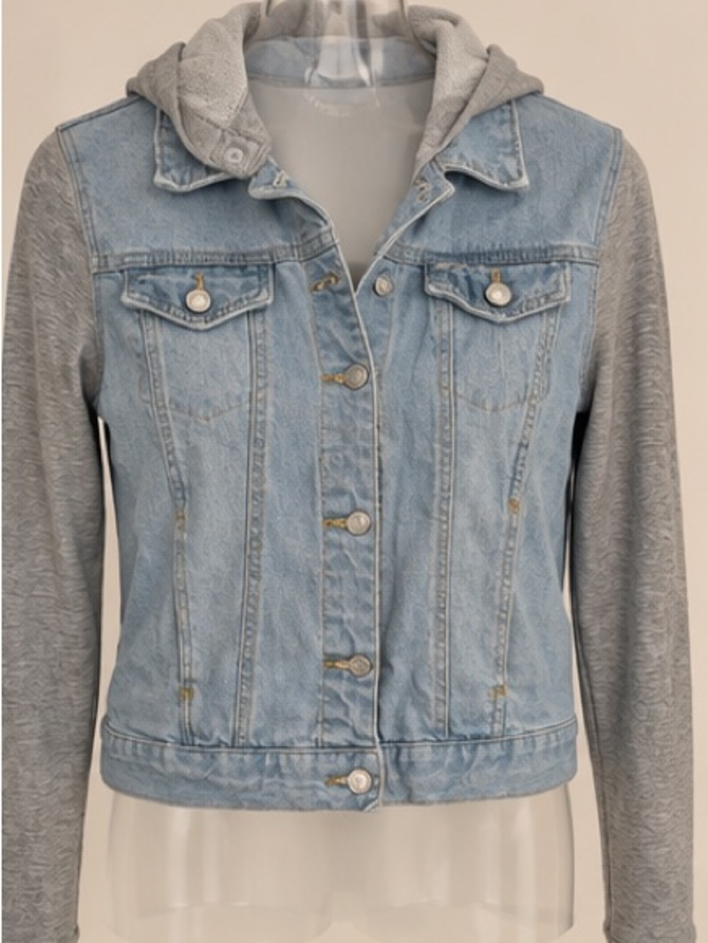 Love Tree Light Blue Denim Jacket with Gray Hood and Sleeves